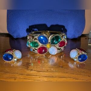 REINAD Mogul Multi-Colored Poured Glass Wide Cuff Bracelet & Clip Earring Set